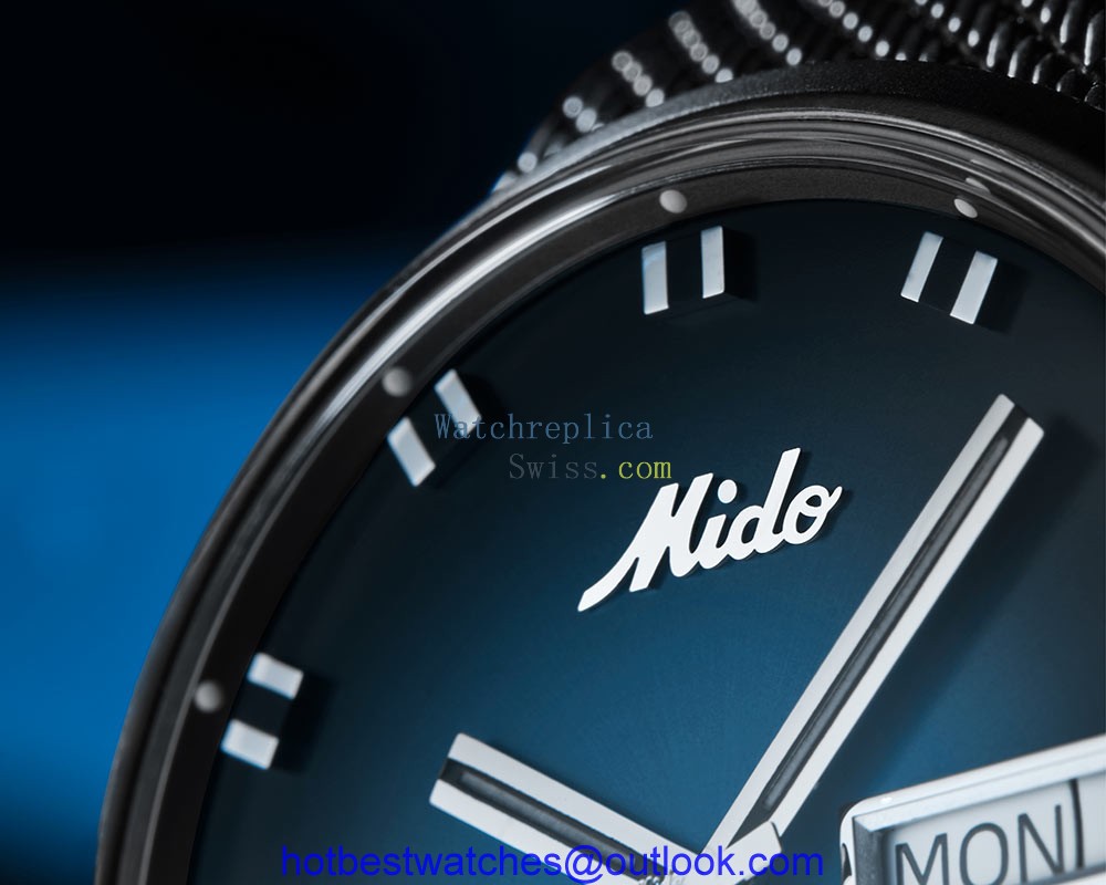 mido commander blue shade closeup high dial