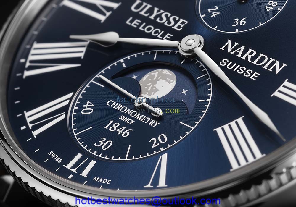 ulysse nardin marine torpilleur moonphase blue dial closeup