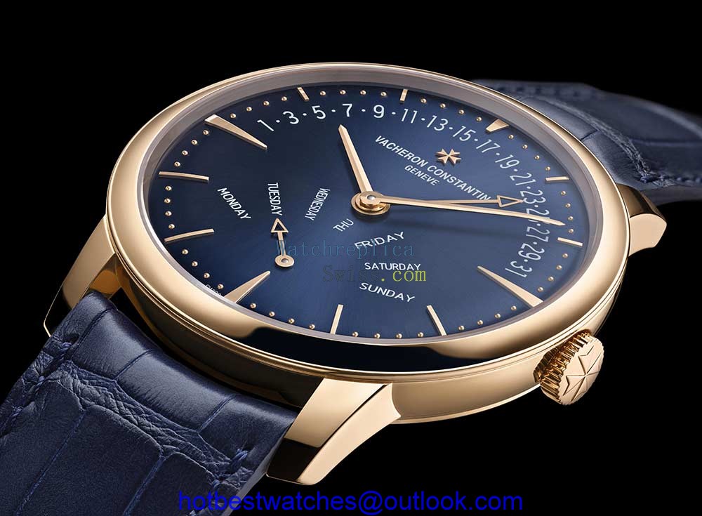 vacheron constantin patrimony retrograde day date blue dial closeup