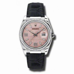 Rolex Datejust 36 mm Pink Wave Dial Diamond Set Bezel Black Leather Strap Ladies Watch 116189