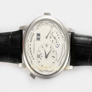 A.Lange Sohne Lange 1 Time Zone 116.026 White Dial Round Black Cow Leather Strap Watch
