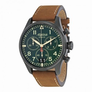 Alpina Startimer Pilot Chronograph Green Dial Brown Leather Men's Watch AL-372GR4FBS6