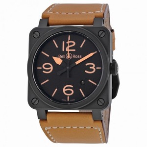 Bell and Ross Heritage Ceramic Black Dial Tan Leather Men's Watch BR0392-CERAM-HER