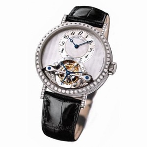 Breguet Tourbillion Mother of Pearl Dial 18kt White Gold Diamond Black Leather Ladies Watch 3358BB52986DD00