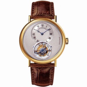 Breguet Tourbillion Silver Dial 18kt Yellow Gold Brown Leather Men's Watch 5357BA129V6