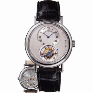 Breguet Tourbillion Silver Dial Platinum Black Leather Men's Watch 5357PT129V6
