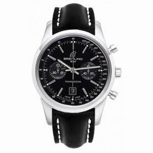 Breitling Transocean Chronograph 38 Black Dial Black Leather Men's Watch A4131012-BC06BKSLT