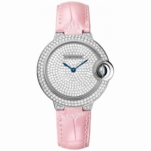 Cartier Ballon Bleu Diamond Pave Dial Pink Leather Ladies Watch WE902047