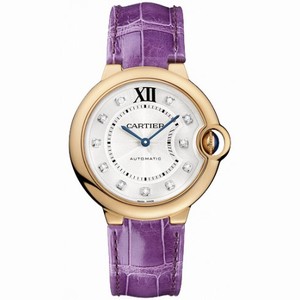 Cartier Ballon Bleu Silver Dial 18kt Rose Gold Purple Leather Unisex Watch WE902028