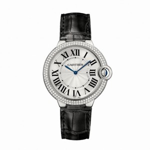 Cartier Ballon Bleu Silver Dial Alligator Leather Diamond Mens Watch WE902056