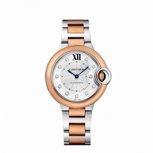 Cartier Ballon Bleu Silver Dial Diamond Steel and 18K Rose Gold Ladies Watch W3BB0006
