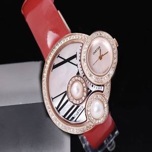 Cartier Libre WJ304850 Diamond Bezel Gold Dial Red Cow Leather Strap Watch
