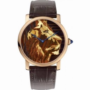 Cartier Rotonde 18k Yellow Gold Straw Marquetry Lion Motif Dial Men's Watch HPI00614