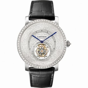 Cartier Rotonde Flying Tourbillion Diamond Pave Dia Black Leather Men's Watch HPI00592
