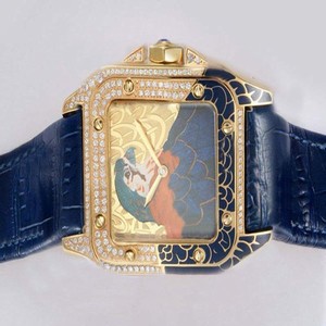Cartier Santos 100 Only 2009 Mens 18k Gold Bezel Blue Ostrich Leather Strap Watch
