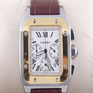 Cartier Santos 100 w20072x7 Mens 18k Gold Bezel Brown Crocodile Leather Strap Watch