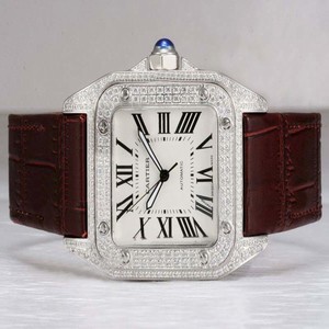 Cartier Santos 100 w20073x8 Brown Crocodile Leather Strap White Dial Square Watch