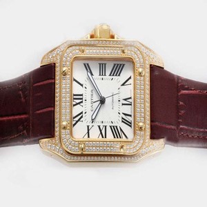 Cartier Santos 100 w20096y1 38x38mm Brown Crocodile Leather Strap Mens Watch