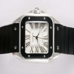 Cartier Santos 100 W20124U2 Mens Square Black Rubber Strap Watch