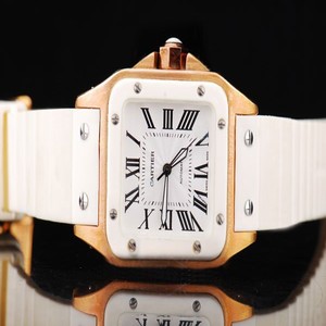 Cartier Santos 100 W20129U2 Square White Dial White Rubber Strap Watch