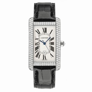 Cartier Tank Americaine Silver Dial 18kt White Gold Diamond Black Leather Men's Watch WB710004