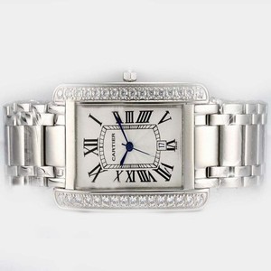 Cartier Tank WB7073L1 Silver Stainless Steel Strap Diamond Bezel White Dial Watch