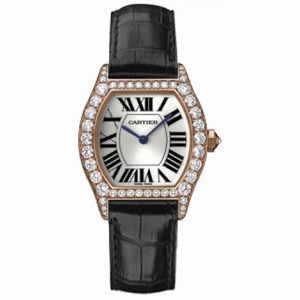 Cartier Tortue Silver Dial 18kt Rose Gold black Leather Diamond Ladies Watch WA507031