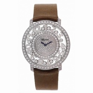 Chopard Happy Diamonds Pave Dial 18kt White Gold Brown Leather Ladies Watch 207227-1001