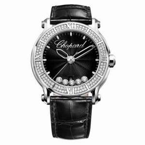 Chopard Happy Sport Round Diamond Black Dial Black Leather Ladies Watch 288525-3006