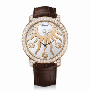 Chopard Happy Sun Diamond 18 kt Rose Gold Sun Brown Leather Ladies Watch 207470-5007