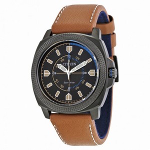 Citizen CTO Eco-Drive Black Dial Khaki Leather Strap Men's Watch BJ6475-00E