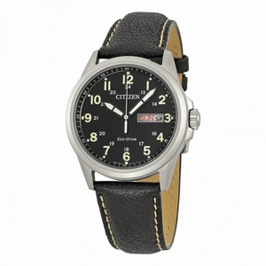 Citizen Military Eco-Drive Black Dial Black Leather Quartz Men's Watch AW0040-01E