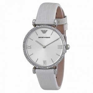 Emporio Armani Retro Silver Dial White Leather Strap Ladies Watch AR1680