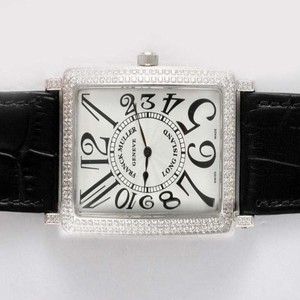 Franck Muller Long Island 920 QZ P Midsize Stainless Steel Bezel Black Ostrich Leather Strap Watch