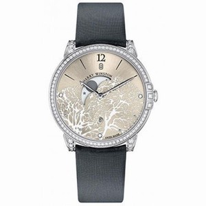 Harry Winston Midnight Silver Sunray Dial 18kt White Gold Diamond Satin Strap Men's Watch MIDQMP39WW001