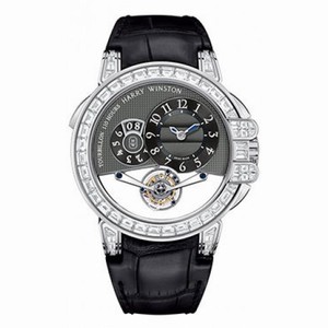 Harry Winston Ocean Tourbillion Grey Dial Black Leather 18kt White Gold Diamond Men's Watch OCEMTD45WW004