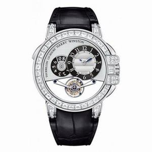 Harry Winston Ocean Tourbillion Silver Dial 18kt White Gold Black Leather Diamond Men's Watch OCEMTD45WW003