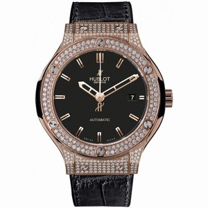 Hublot Classic Fusion Black Dial 18 Carat Rose Gold with Diamonds Case Black Leather Band Automatic Men's Watch 565.OX.1180.LR.1704