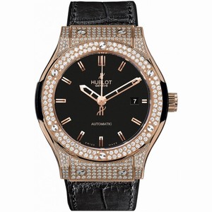 Hublot Classic Fusion Black Dial Black Leather Strap 18 Carat Rose Gold with Diamonds Case Automatic Men's Watch 542.OX.1180.LR.1704