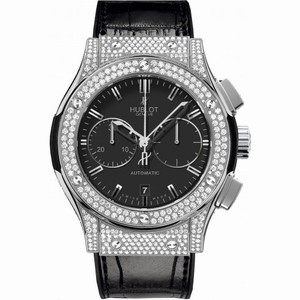 Hublot Classic Fusion Black Dial Titanium with Diamond Pave Case Black Leather Band Autmatic Men's Watch 521.NX.1170.LR.1704
