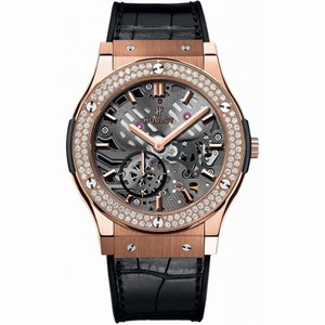 Hublot Classic Fusion Classico Ultra Thin Skeleton Grey Skeleton Dial Black Leather Band 18 Carat Rose Gold with Diamonds Case Automatic Men's Watch 54