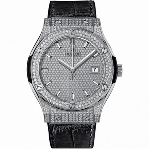 Hublot Classic Fusion Diamond Pave Dial Black Leather Band Titanium Case Automatic Men's Watch 581.NX.9010.LR.1704