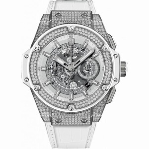 Hublot King Power Unico Skeleton Dial White Leather Band Titanium with Diamonds Case Automatic Men's Watch 701.NE.0127.GR.1704