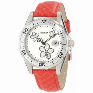 Invicta Pro Diver Silver Dial Red Leather Ladies Watch 12513