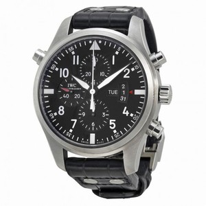 IWC Double Chronograph Pilot  Black Dial Black Leather Mens Watch IW377801