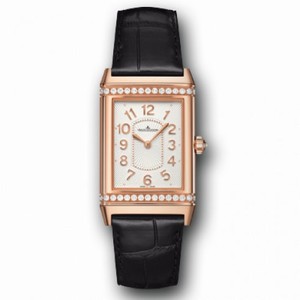 Jaeger LeCoultre Grande Reverso Silver Dial 18kt Rose Gold Black Leather Ladies Watch Q3202421