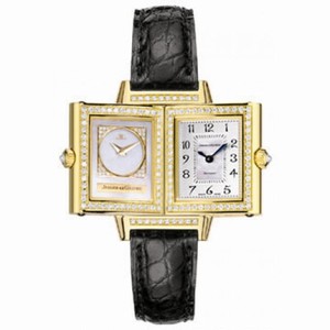 Jaeger LeCoultre Reverso Duetto Mother of Pearl Dial 18kt Yellow Gold Diamond Black Leather Ladies Watch Q2661401