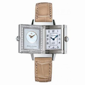 Jaeger LeCoultre Reverso Duetto Silver Dial 18kt White Gold Beige Alligator Ladies Watch Q2663403
