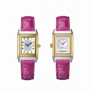 Jaeger LeCoultre Reverso Duetto Silver Dial 18kt Yellow Gold Pink Alligator Men's Watch Q2665410
