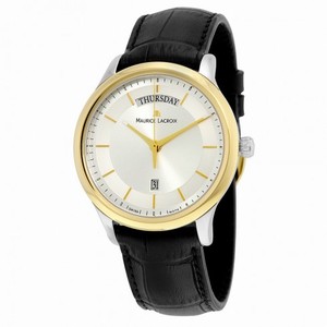 Maurice Lacroix Les Classiques Silver Dial Black Leather Strap Gold Plated Stainless Steel Men's Quartz Watch LC1227-PVY11-130